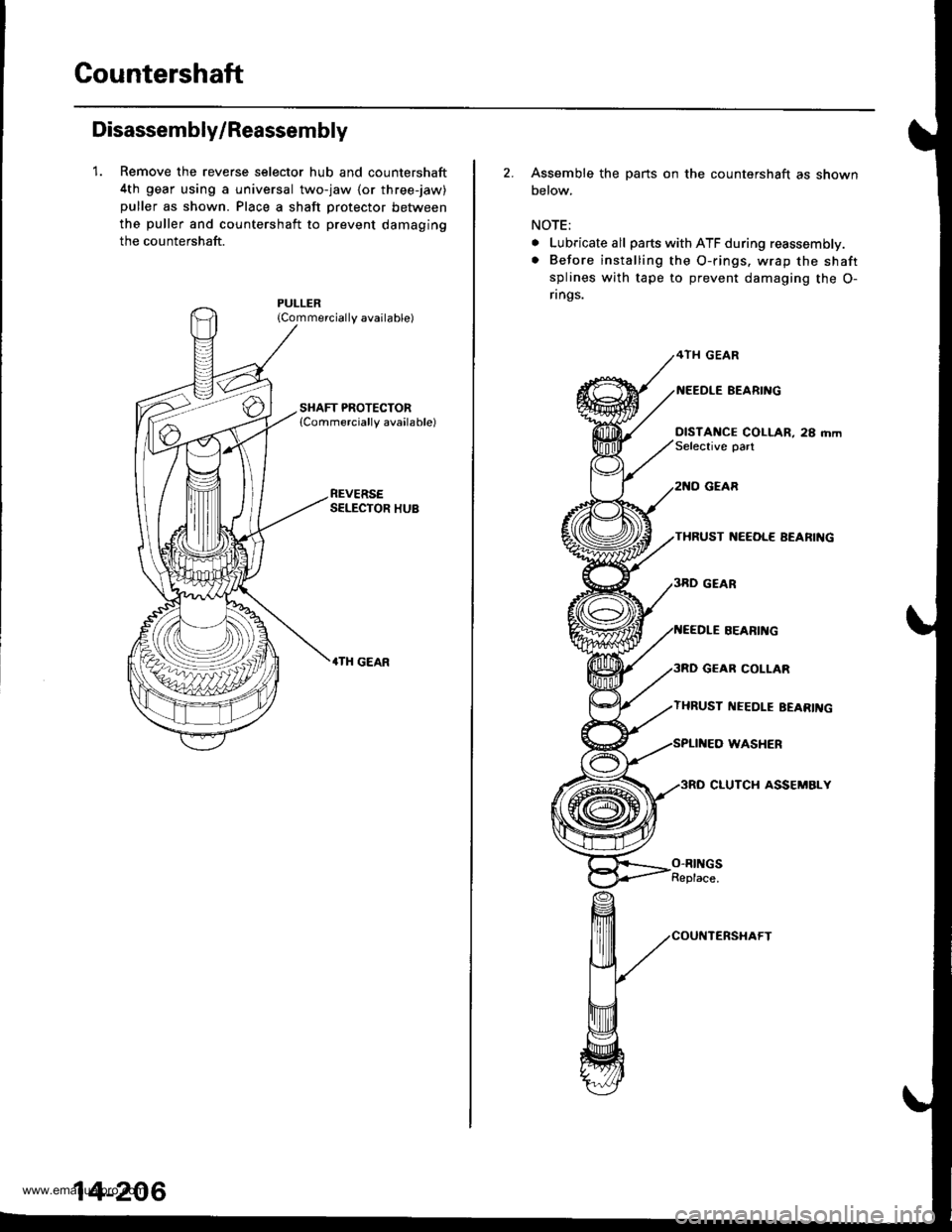 HONDA CR-V 1998 RD1-RD3 / 1.G Workshop Manual 
Gountershaft
Disassembly/Reassembly
1. Remove the reverse selector hub and countershaft
4th gear using a universal two-jaw lor three-jaw)
puller as shown. Place a shaft protector between
the puller a
