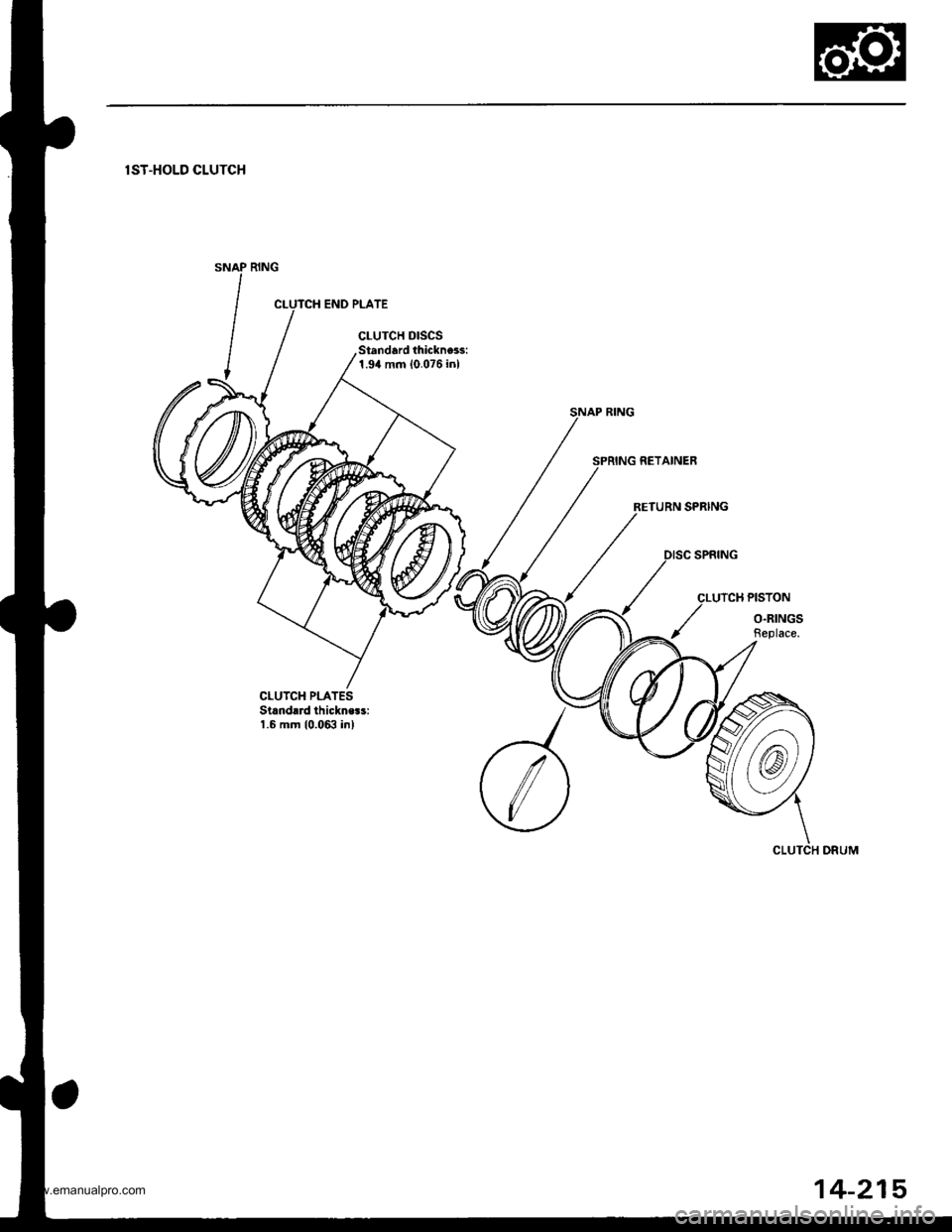 HONDA CR-V 1998 RD1-RD3 / 1.G Workshop Manual
lST-HOLD CLUTCH
thickness:
RETURN SPRING
c
/
LUTCH PISTON
O.RINGS
14-215
www.emanualpro.com HONDA CR-V 1998 RD1-RD3 / 1.G Workshop Manual
lST-HOLD CLUTCH
thickness:
RETURN SPRING
c
/
LUTCH PISTON
O.RINGS
14-215
www.emanualpro.com