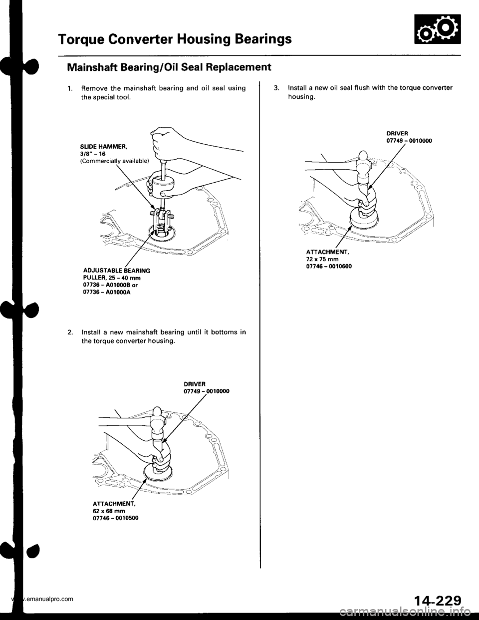 HONDA CR-V 1998 RD1-RD3 / 1.G Workshop Manual
Torque Gonverter Housing Bearings
Mainshaft Bearing/Oil Seal Replacement
1. Remove the mainshaft bearing and oil seal using
the soecial tool.
SLIDE HAMMER,3/8" - 16(Commercially available)
ADJUSTABLE HONDA CR-V 1998 RD1-RD3 / 1.G Workshop Manual
Torque Gonverter Housing Bearings
Mainshaft Bearing/Oil Seal Replacement
1. Remove the mainshaft bearing and oil seal using
the soecial tool.
SLIDE HAMMER,3/8" - 16(Commercially available)
ADJUSTABLE