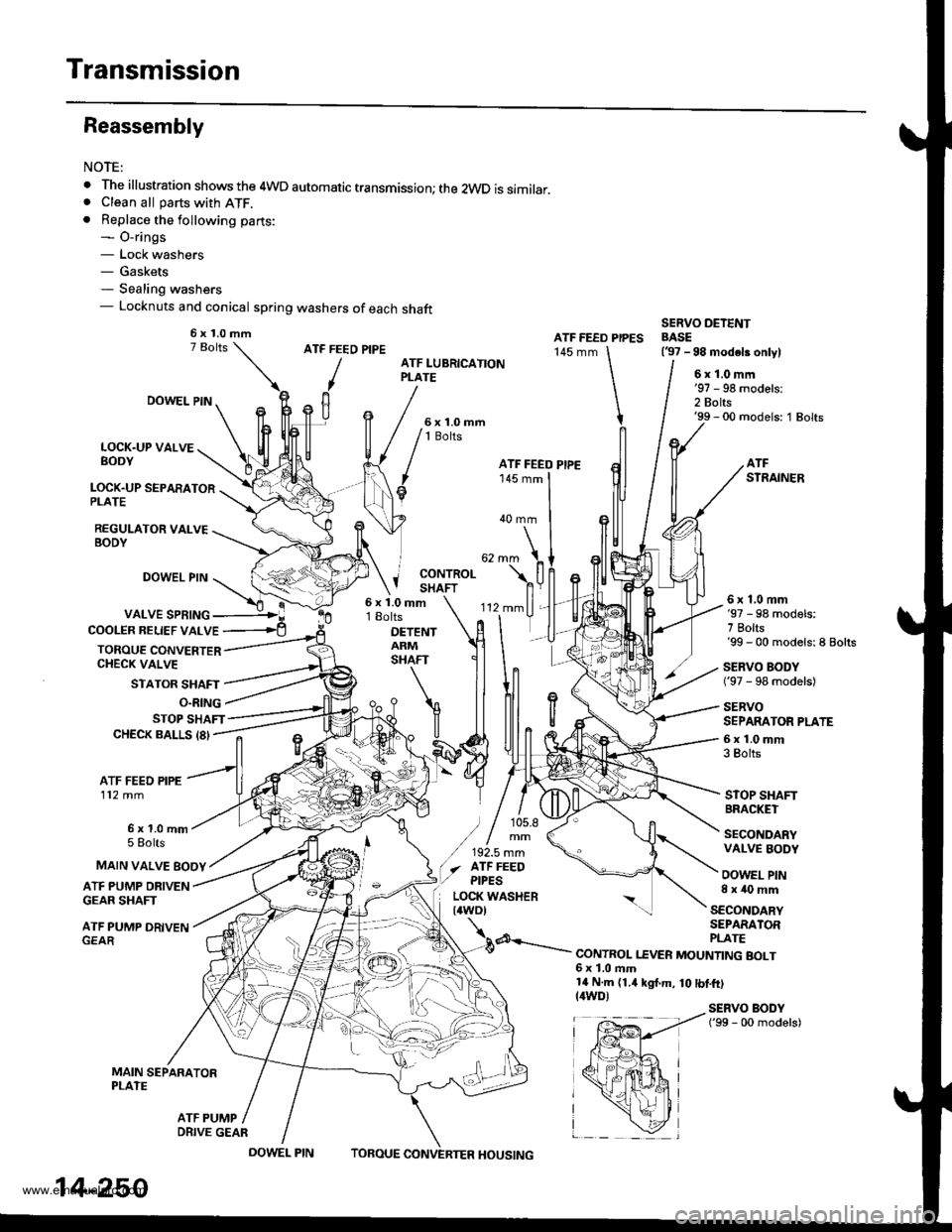 HONDA CR-V 1998 RD1-RD3 / 1.G Service Manual 
Transmission
Reassembly
NOTE:
. The illustration shows the 4WD automatic transmission; the 2WD is similar.. Clean all parts with ATF.. Replace the following parts:- O-rings- Lock washers- Gaskets- Se