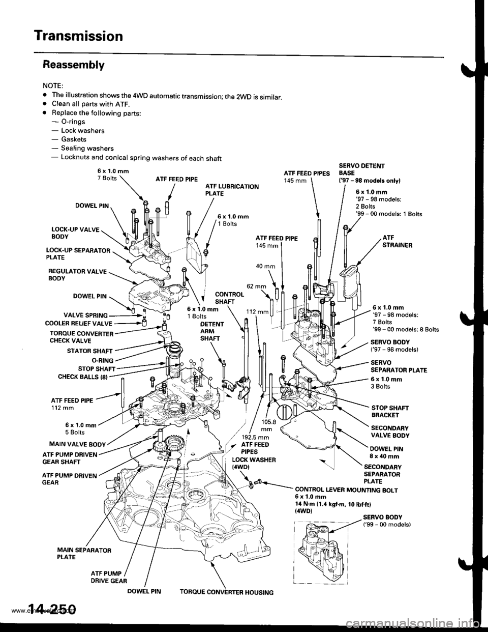 HONDA CR-V 1998 RD1-RD3 / 1.G Workshop Manual
Transmission
Reassembly
NOTE:
. The illustration shows the 4WD automatic transmission; the 2WD is similar.. Clean all parts with ATF.. Replace the following parts:- O-rings- Lock washers- Gaskets- Se HONDA CR-V 1998 RD1-RD3 / 1.G Workshop Manual
Transmission
Reassembly
NOTE:
. The illustration shows the 4WD automatic transmission; the 2WD is similar.. Clean all parts with ATF.. Replace the following parts:- O-rings- Lock washers- Gaskets- Se