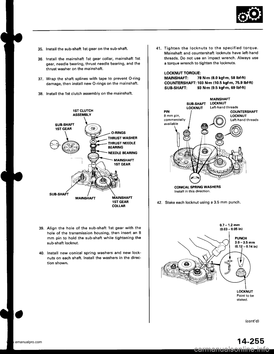 HONDA CR-V 1998 RD1-RD3 / 1.G Owners Manual
5C.
36.
Install the sub-shaft lst gear on the sub-shaft.
Install the mainshaft 1st gear collar, mainshaft 1st
gear, needle bearing, thrust needle bearing, and the
thrust washer on the mainshaft.
Wrap HONDA CR-V 1998 RD1-RD3 / 1.G Owners Manual
5C.
36.
Install the sub-shaft lst gear on the sub-shaft.
Install the mainshaft 1st gear collar, mainshaft 1st
gear, needle bearing, thrust needle bearing, and the
thrust washer on the mainshaft.
Wrap