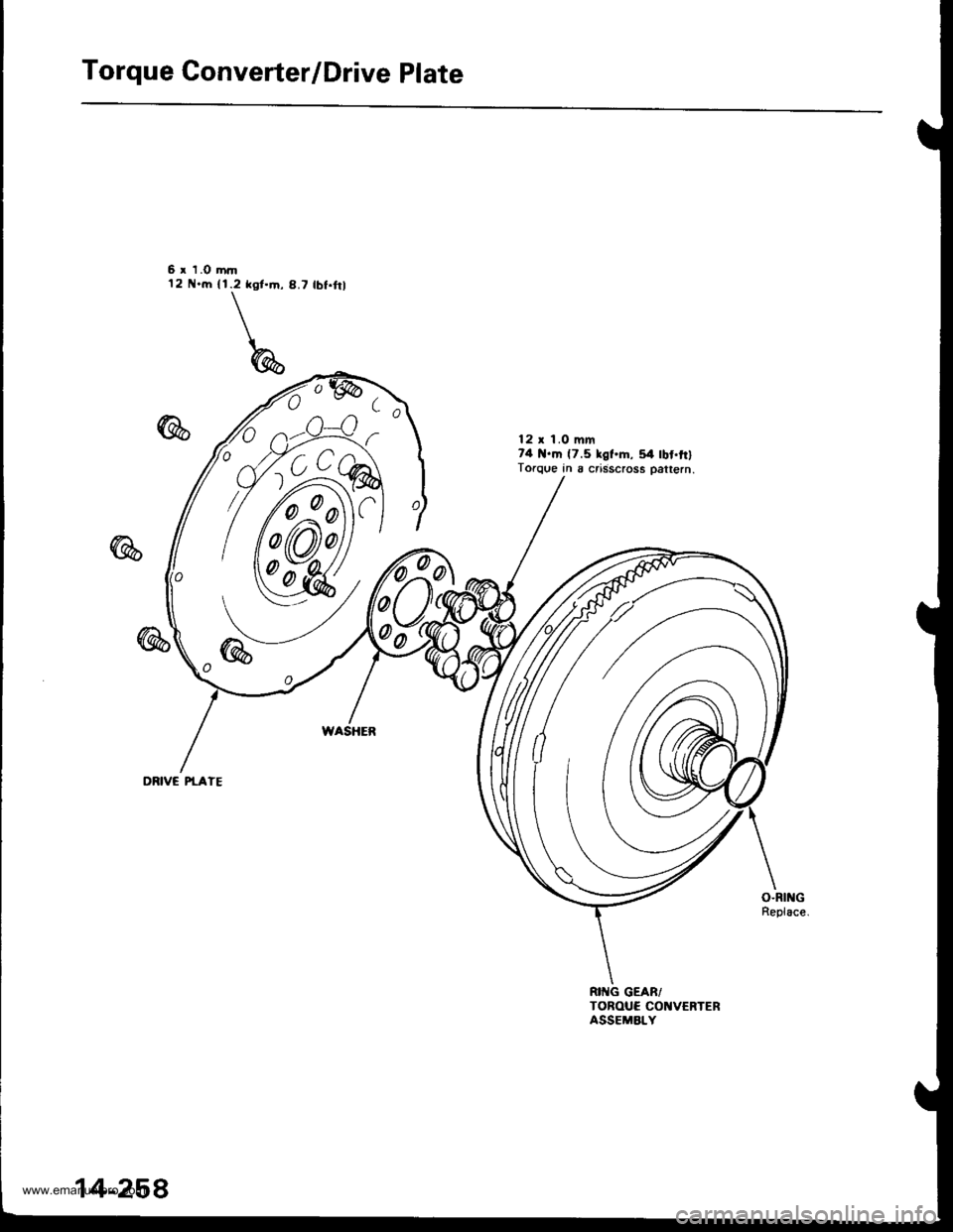 HONDA CR-V 1999 RD1-RD3 / 1.G Service Manual 
Torque Converter/Drive Plate
6 x 1.0 rnin12 N..t| {1.2 kgt.m, 8.7 lbt.frl
DBIVC PTATE
12 x 1.0 mm74 .m (7.5 lgt.m, 54 tbt.ft)Torque in I crisscross oattern.
o
0o
14-258
www.emanualpro.com  