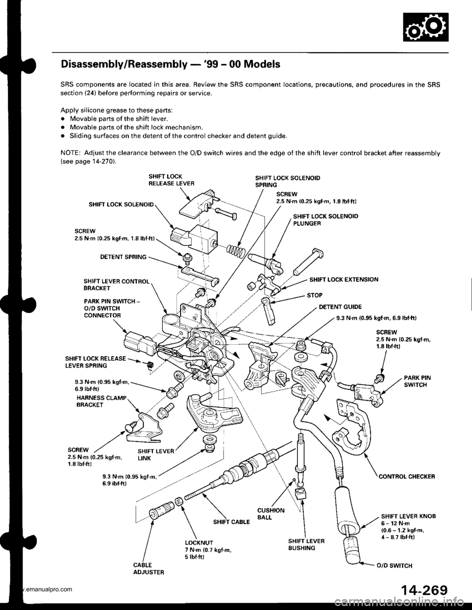 HONDA CR-V 1998 RD1-RD3 / 1.G Workshop Manual 
Disassembly/Reassembly -99 - 00 Models
SRS components are located in this area. Review the SRS component locations, precautions, and procedures in the SRS
section (24) before performing repairs or s