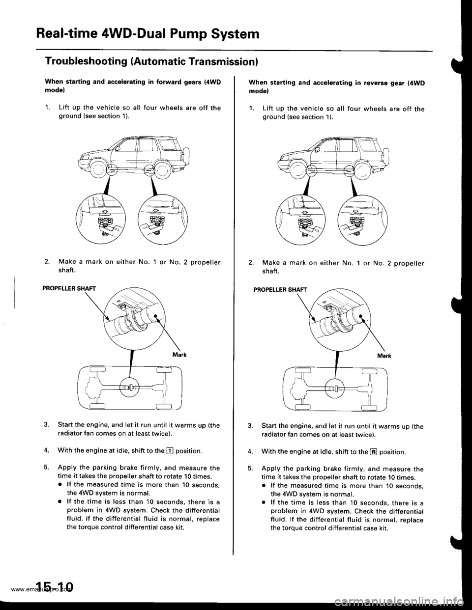 HONDA CR-V 1999 RD1-RD3 / 1.G Repair Manual
Real-time 4WD-Dual Pump System
Troubleshooting (Automatic Transmissionl
When starting and accelerating in forward gesrs {4WDmodel
1. Lift up the vehicle so all four wheels are off theground (see sect HONDA CR-V 1999 RD1-RD3 / 1.G Repair Manual
Real-time 4WD-Dual Pump System
Troubleshooting (Automatic Transmissionl
When starting and accelerating in forward gesrs {4WDmodel
1. Lift up the vehicle so all four wheels are off theground (see sect