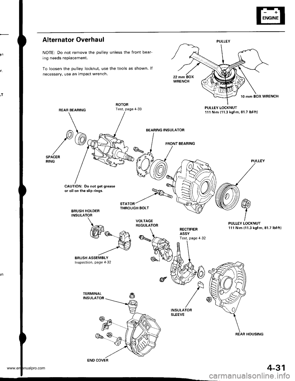 HONDA CR-V 1999 RD1-RD3 / 1.G User Guide
,T
Alternator Overhaul
NOTE: Do not remove the pulley unless the front bear-
ing needs replacement.
To loosen the pulley locknut, use the tools as shown. lf
necessary, use an impact wrench.
PULLEY LO HONDA CR-V 1999 RD1-RD3 / 1.G User Guide
,T
Alternator Overhaul
NOTE: Do not remove the pulley unless the front bear-
ing needs replacement.
To loosen the pulley locknut, use the tools as shown. lf
necessary, use an impact wrench.
PULLEY LO