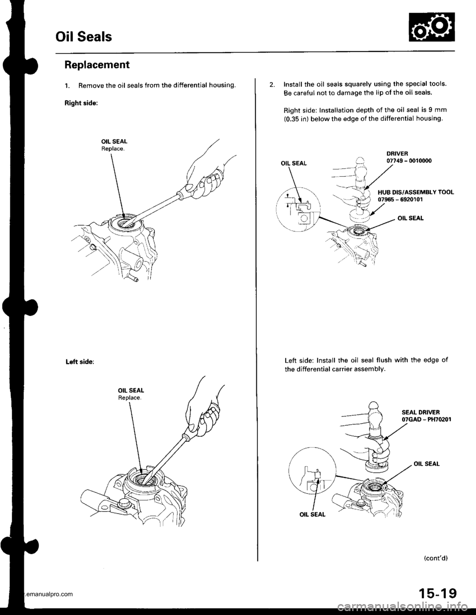 HONDA CR-V 1999 RD1-RD3 / 1.G User Guide
Oil Seals
Replacement
1. Remove the oil seals from the differential housing.
Right side:
Left side:
2. Install the oil seals squarely using the special tools.
Be carelul not to damage the lip ol the HONDA CR-V 1999 RD1-RD3 / 1.G User Guide
Oil Seals
Replacement
1. Remove the oil seals from the differential housing.
Right side:
Left side:
2. Install the oil seals squarely using the special tools.
Be carelul not to damage the lip ol the