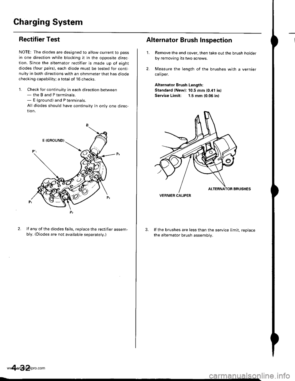 HONDA CR-V 1997 RD1-RD3 / 1.G Workshop Manual 
Charging System
IRectifier Test
NOTE: The diodes are designed to allow current to pass
in one direction while blocking it in the opposite direc
tion. Since the alternator rectifier is made up of eigh