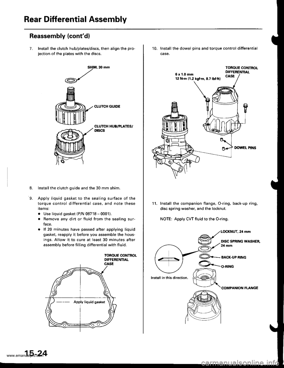 HONDA CR-V 1998 RD1-RD3 / 1.G Repair Manual 
Rear Differential Assembly
Reassembly (contdl
7. Install the clutch hub/plates/discs, then align the pro-
jection of the plates with the discs.
M, 30 mm
CLUTCH GUIDE
sHl
,/
.A-\,/r\-7
8.
9.
CLUTCH H