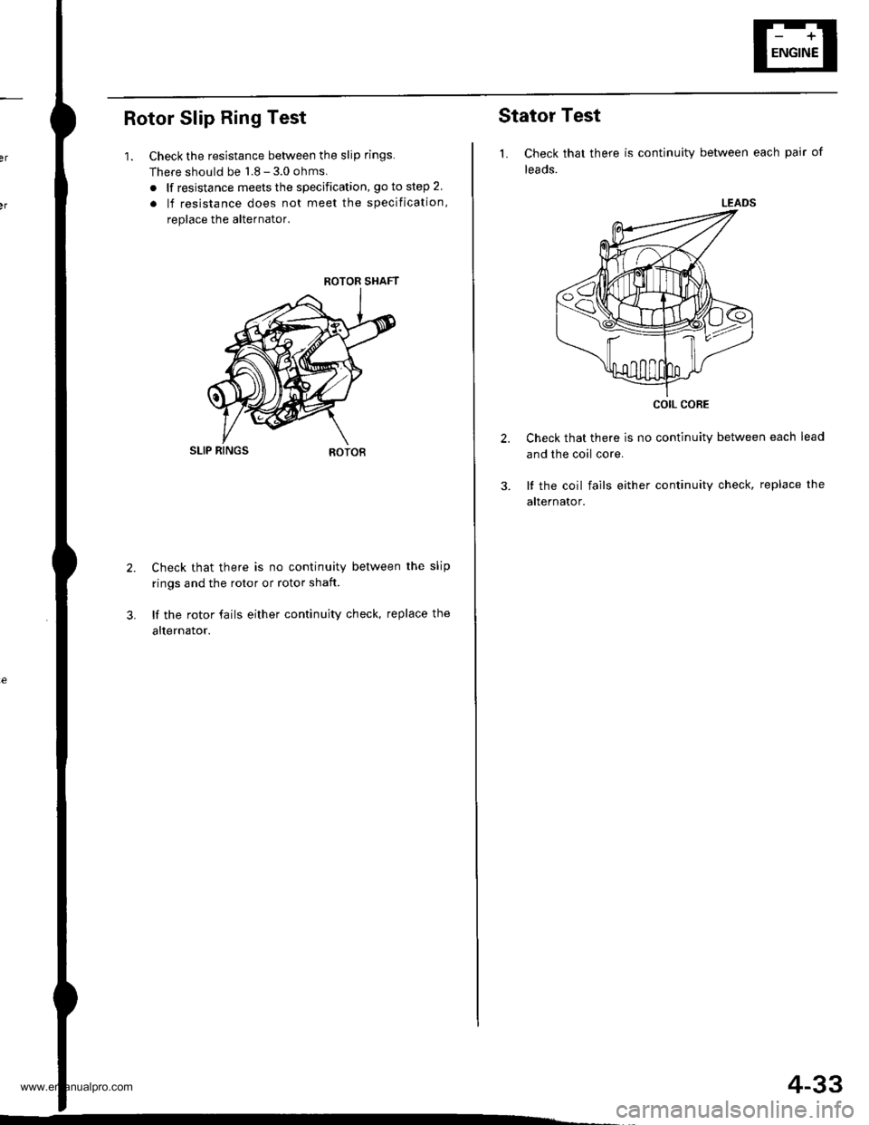 HONDA CR-V 1999 RD1-RD3 / 1.G Repair Manual
Rotor Slip Ring Test
1. Check the resistance between the slip rings.
There should be 1.8 - 3.0 ohms.
. lf resistance meets the specification, go to step 2
. lf resistance does not meet the specificat HONDA CR-V 1999 RD1-RD3 / 1.G Repair Manual
Rotor Slip Ring Test
1. Check the resistance between the slip rings.
There should be 1.8 - 3.0 ohms.
. lf resistance meets the specification, go to step 2
. lf resistance does not meet the specificat