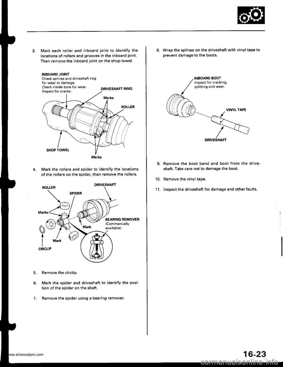 HONDA CR-V 1997 RD1-RD3 / 1.G Owners Manual
3. Mark each roller and inboard joint to identify the
locations of rollers and grooves in the inboard joint.
Then remove the inboard joint on the shop towel.
INBOARD JOINTCheck splines and driveshaft HONDA CR-V 1997 RD1-RD3 / 1.G Owners Manual
3. Mark each roller and inboard joint to identify the
locations of rollers and grooves in the inboard joint.
Then remove the inboard joint on the shop towel.
INBOARD JOINTCheck splines and driveshaft