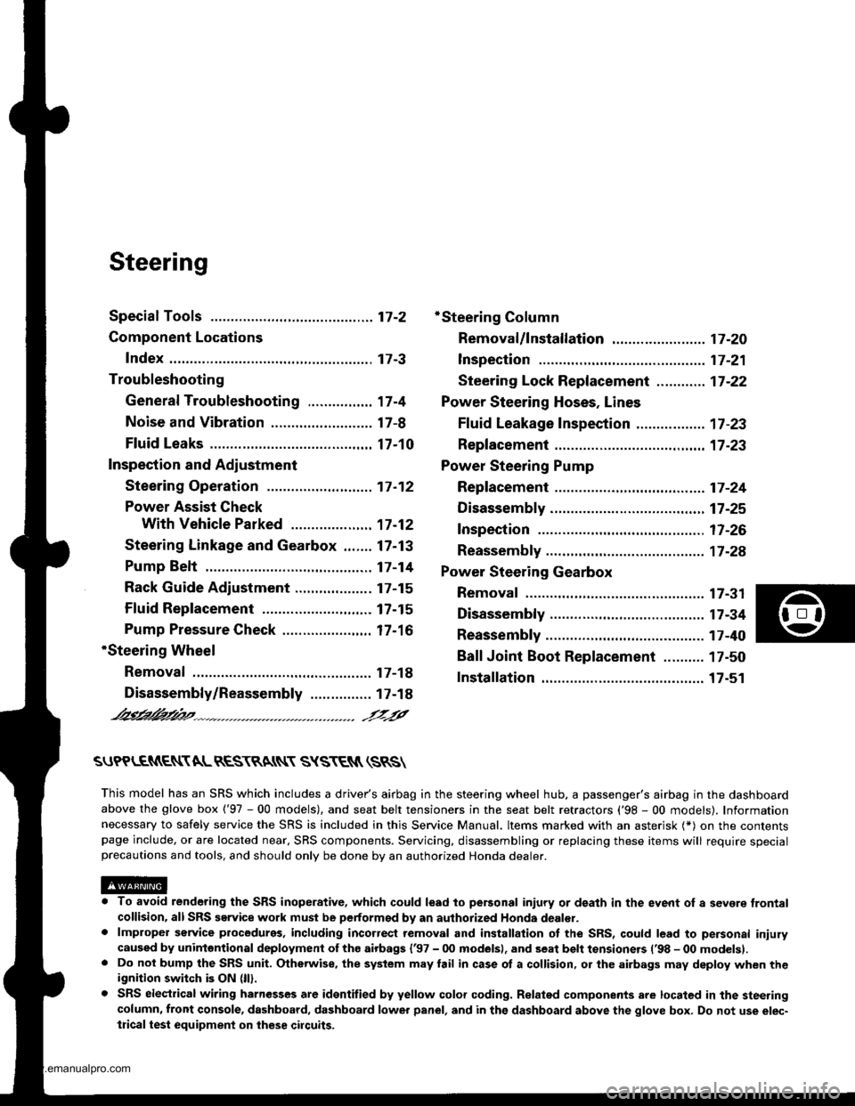 HONDA CR-V 1997 RD1-RD3 / 1.G Workshop Manual 
Steering
Special Toofs ............. 17-2
Component Locations
Index ................ ....... 17-3
Troubleshooting
General Troubleshooting ................ 1 7-4
Noise and Vibration ..................