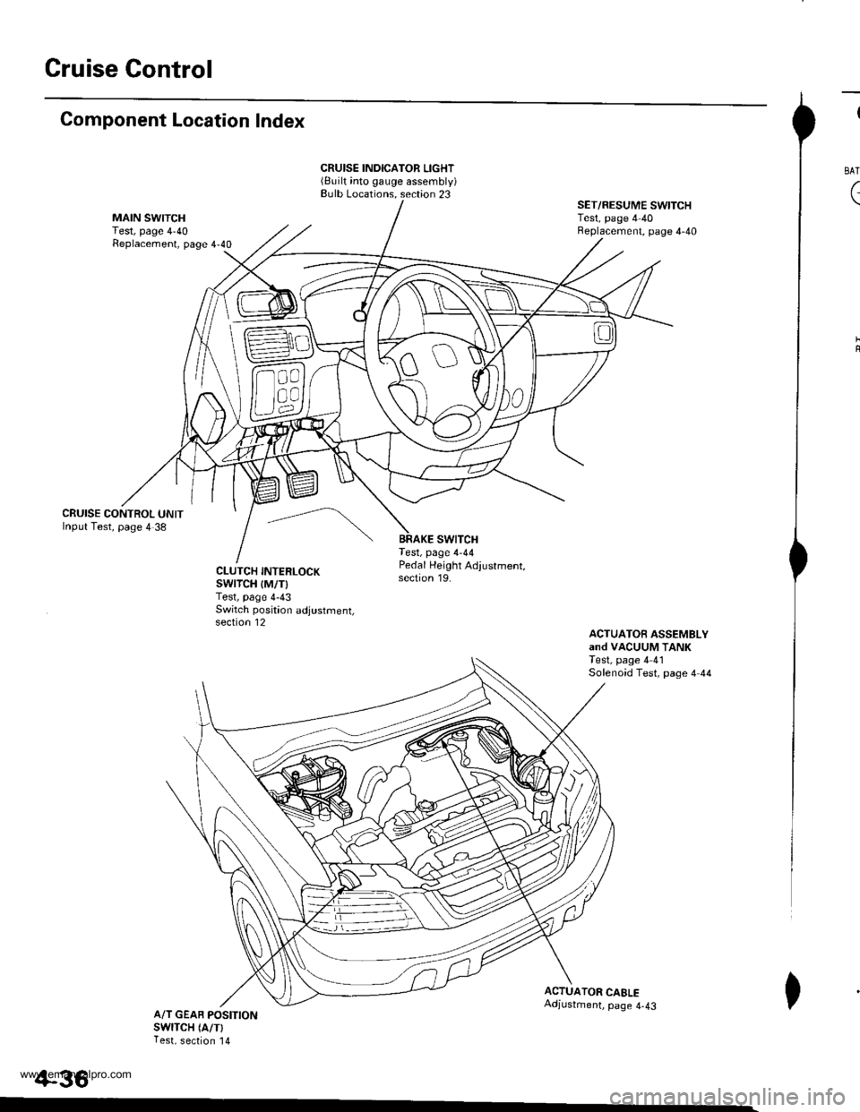 HONDA CR-V 1999 RD1-RD3 / 1.G Owners Manual
Gruise Control
Component Location Index
CRUISE CONTROL UNITInput Test, page 4 38
CRUISE INDICATOR LIGHT(Built into gauge assembly)Bulb Locations. section 23
swtTcHTest, page 4-44
SET/RESUME SWITCHTes HONDA CR-V 1999 RD1-RD3 / 1.G Owners Manual
Gruise Control
Component Location Index
CRUISE CONTROL UNITInput Test, page 4 38
CRUISE INDICATOR LIGHT(Built into gauge assembly)Bulb Locations. section 23
swtTcHTest, page 4-44
SET/RESUME SWITCHTes