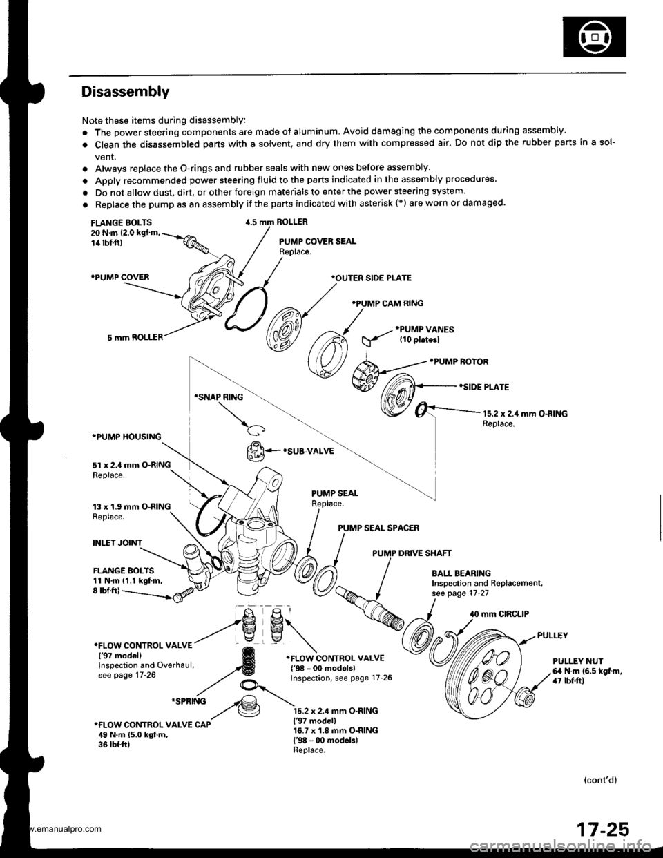 HONDA CR-V 1998 RD1-RD3 / 1.G User Guide
Disassembly
Note these items during disassembly:
. The power steering components are made of aluminum, Avoid damaging the components during assembly.
. Clean the disassembled parts with a solvent, an HONDA CR-V 1998 RD1-RD3 / 1.G User Guide
Disassembly
Note these items during disassembly:
. The power steering components are made of aluminum, Avoid damaging the components during assembly.
. Clean the disassembled parts with a solvent, an