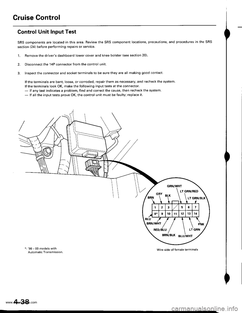 HONDA CR-V 2000 RD1-RD3 / 1.G Workshop Manual 
Cruise Control
Control Unit Input Test
SRS components are located in this area. Review the SRS component locations. precautions, and procedures in the SRS
section (241 before performing repairs or se