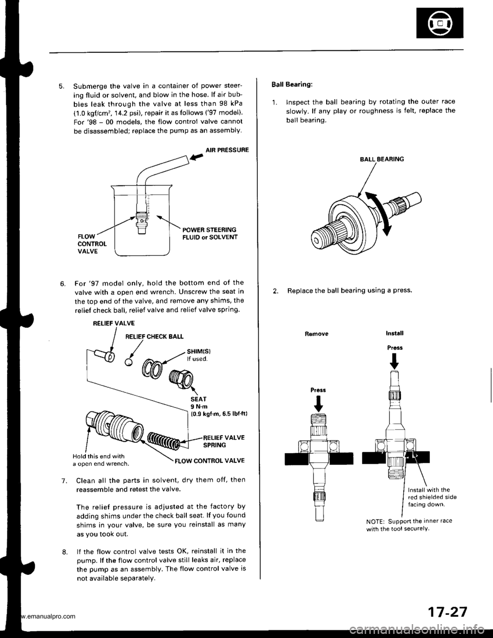 HONDA CR-V 1998 RD1-RD3 / 1.G User Guide 
5. Submerge the valve in a container of power steer-
ing fluid or solvent, and blow in the hose. lf air bub-
bles leak through the valve at less than 98 kPa
(1.0 kgflcm�, 14.2 psi), repair it as fol