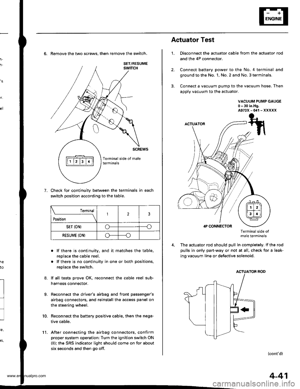 HONDA CR-V 1998 RD1-RD3 / 1.G Workshop Manual
n-
n-
6. Remove the two screws. then remove the switch.
Check for continuity between the terminals in each
switch position according to the table.
. lf there is continuity, and it matches the table,
HONDA CR-V 1998 RD1-RD3 / 1.G Workshop Manual
n-
n-
6. Remove the two screws. then remove the switch.
Check for continuity between the terminals in each
switch position according to the table.
. lf there is continuity, and it matches the table,