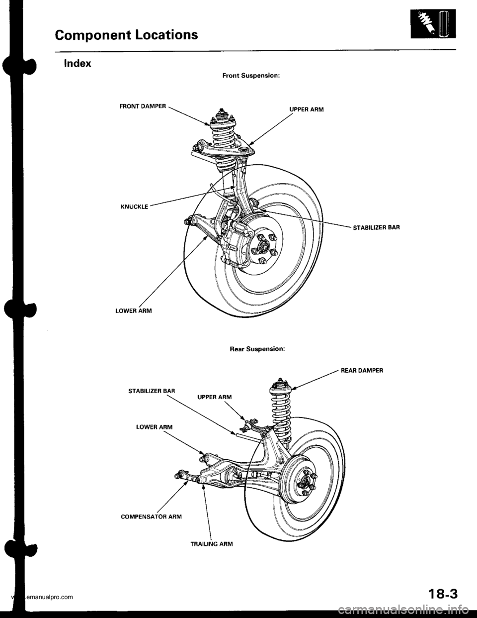 HONDA CR-V 1997 RD1-RD3 / 1.G Workshop Manual 
Component Locations
Front Suspension:
Rear Suspension:
STABILIZER BAR
REAR OAMPER
LOWER ARM
STABILIZER BAR
LOWER ARM
UPPER ARM
COMPENSATOB ARM
TRAILING ARM
18-3
www.emanualpro.com  