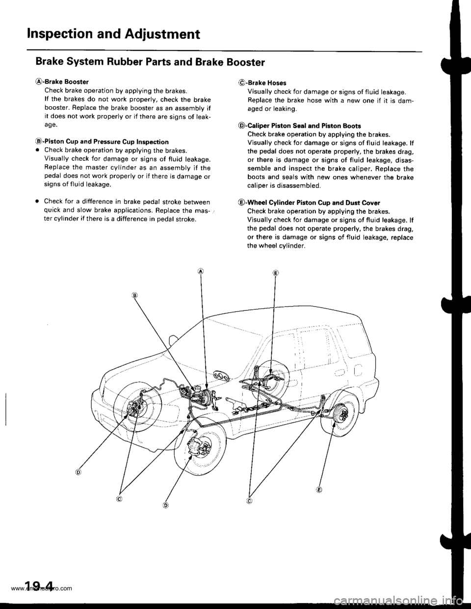 HONDA CR-V 2000 RD1-RD3 / 1.G Workshop Manual
Inspection and Adjustment
Brake System Rubber Parts and Brake Booster
@-Brake Booster
Check brake operation by applying the brakes.
lf the brakes do not work properly, check the brake
booster. Replac HONDA CR-V 2000 RD1-RD3 / 1.G Workshop Manual
Inspection and Adjustment
Brake System Rubber Parts and Brake Booster
@-Brake Booster
Check brake operation by applying the brakes.
lf the brakes do not work properly, check the brake
booster. Replac