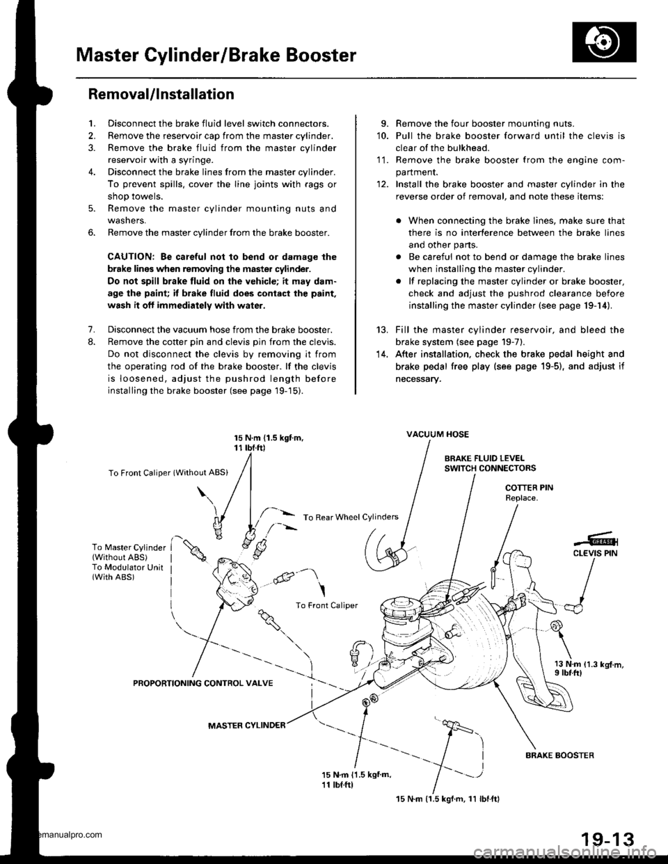 HONDA CR-V 1997 RD1-RD3 / 1.G Workshop Manual 
Master Cylinder/Brake Booster
Removal/lnstallation
1, Disconnect the brake fluid level switch connectors.
2. Remove the reservoir cap from the master cylinder.
3. Remove the brake fluid from the mast