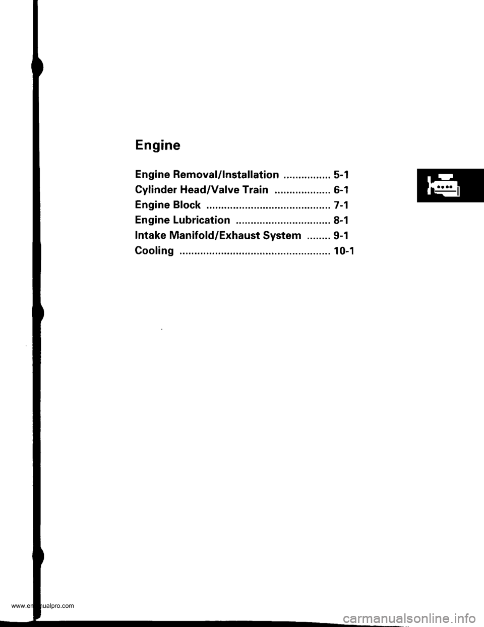 HONDA CR-V 1998 RD1-RD3 / 1.G Workshop Manual 
Engine
Engine RemovaUlnstallation ................ 5-1
Cylinder Head/Valve Train ................... 6-1
Engine Bfock .......... ...........7-1
Engine Lubrication ...........8-1
Intake Manifold/Exhau