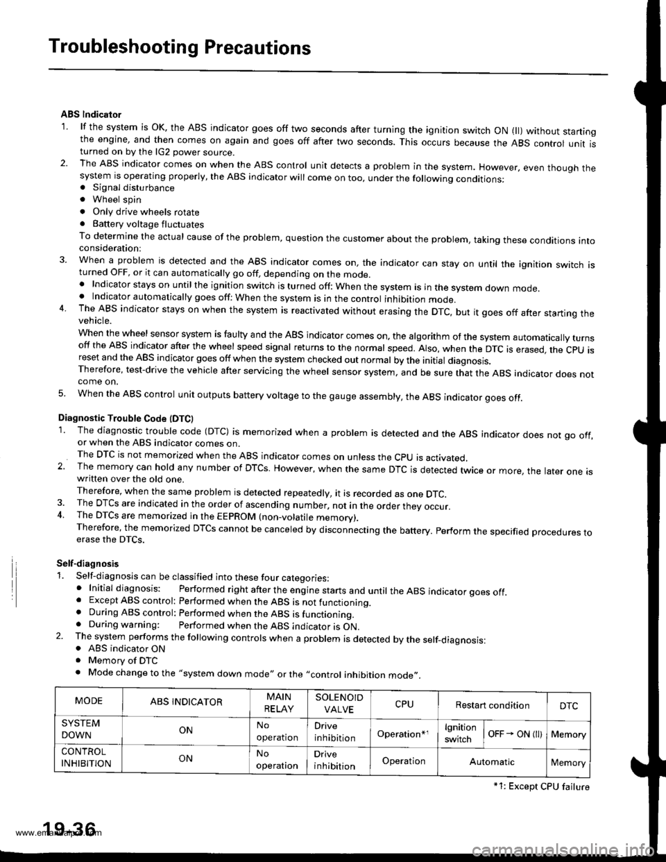 HONDA CR-V 2000 RD1-RD3 / 1.G Workshop Manual
Troubleshooting Precautions
ABS lndicalor
1 lf the system is oK, the ABS indicator goes off two seconds after turning the ignition switch oN 1l) wathout staningthe engine, and then comes on again and HONDA CR-V 2000 RD1-RD3 / 1.G Workshop Manual
Troubleshooting Precautions
ABS lndicalor
1 lf the system is oK, the ABS indicator goes off two seconds after turning the ignition switch oN 1l) wathout staningthe engine, and then comes on again and