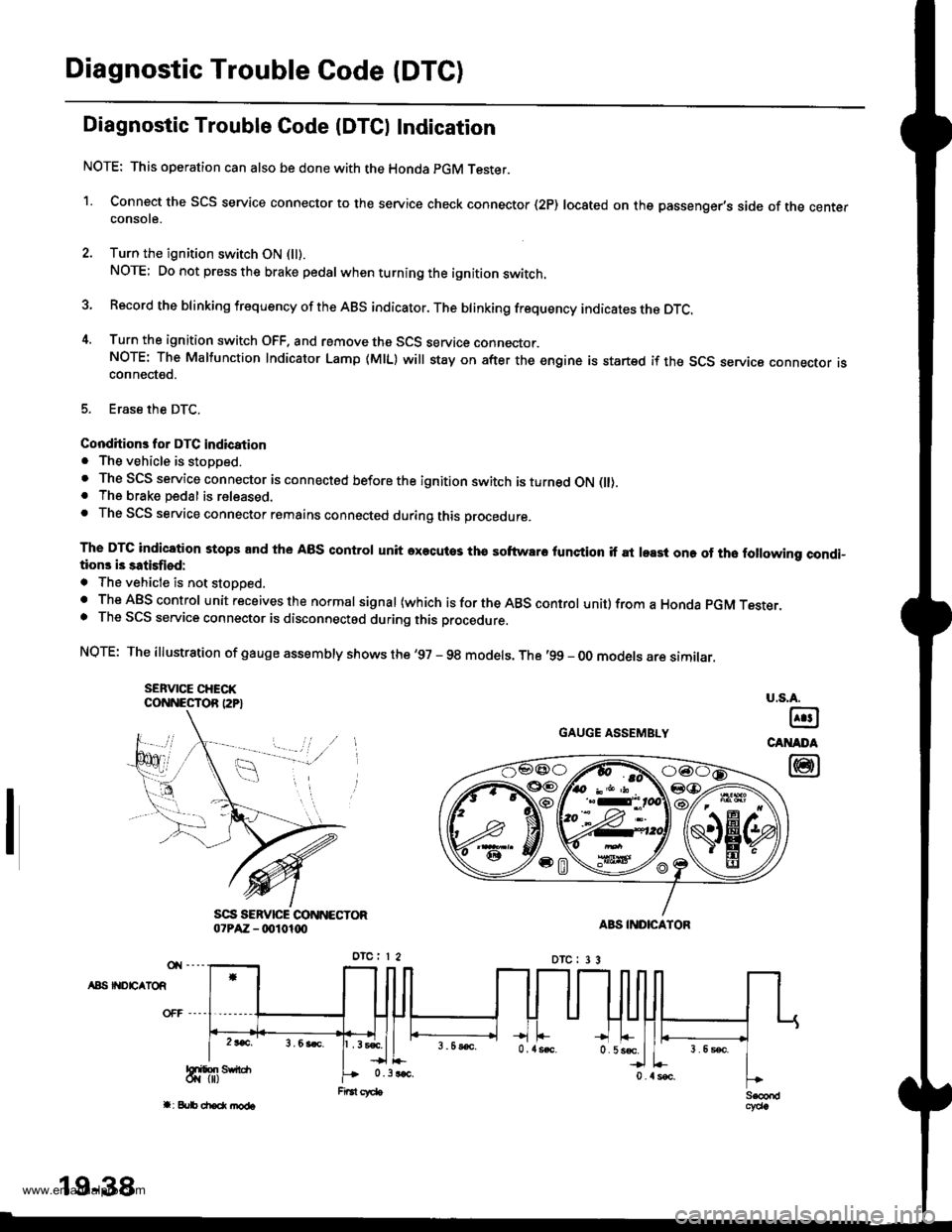 HONDA CR-V 2000 RD1-RD3 / 1.G Owners Guide 
Diagnostic Trouble Code (DTC)
Diagnostic Trouble Gode IDTCI Indication
NOTE: This operation can also be done with the Honda pGM Tester.
1. Connect the SCS service connector to the service check conne