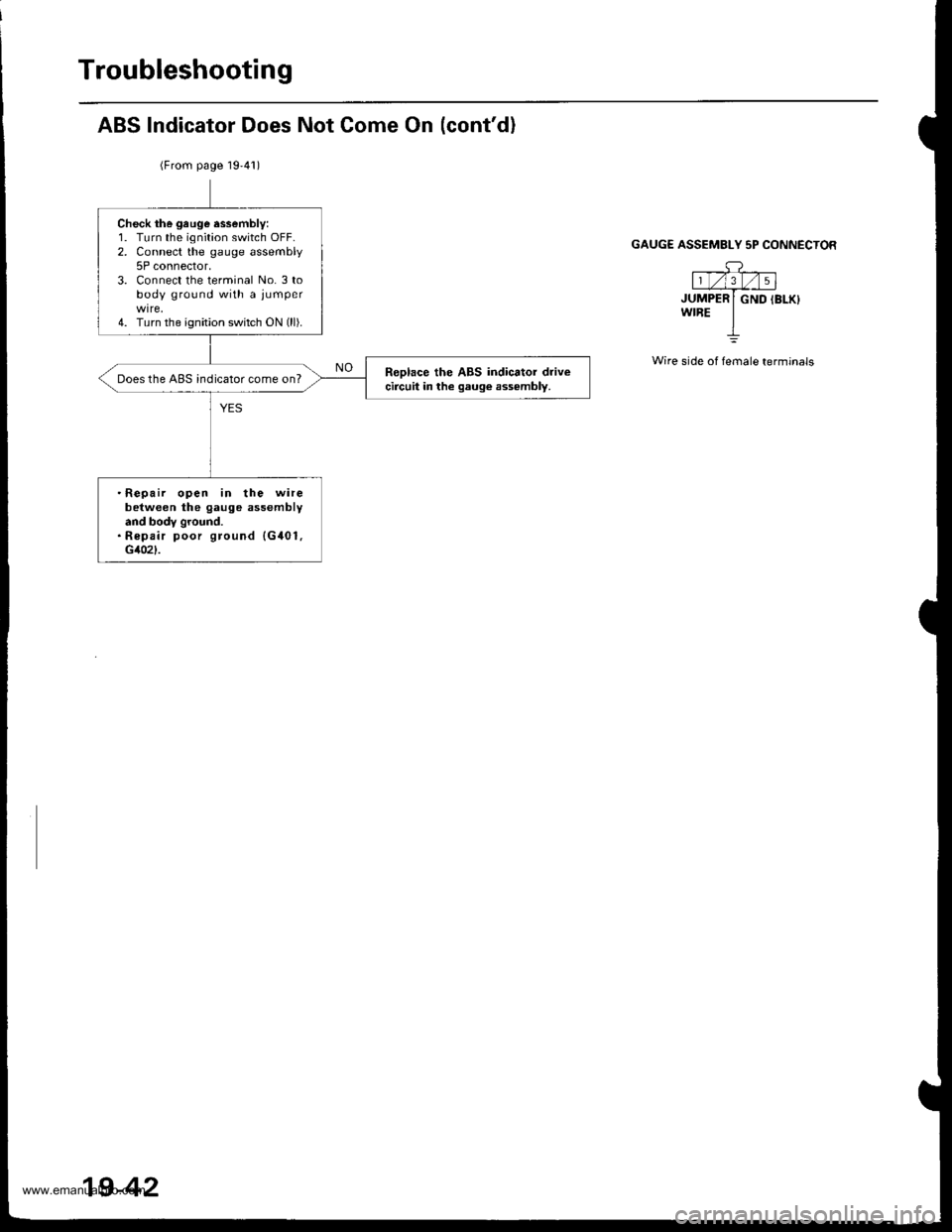 HONDA CR-V 1998 RD1-RD3 / 1.G Workshop Manual
Troubleshooting
ABS Indicator Does Not Come On (contd)
(From page 1941)
GAUG€ ASSEMBLY 5P CONNECTOR
---g-l1 t/l3_l/ | 5 |JUMPER I GND IBLK}wrBE IL
Wire side of female terminals
Check the gruge es HONDA CR-V 1998 RD1-RD3 / 1.G Workshop Manual
Troubleshooting
ABS Indicator Does Not Come On (contd)
(From page 1941)
GAUG€ ASSEMBLY 5P CONNECTOR
---g-l1 t/l3_l/ | 5 |JUMPER I GND IBLK}wrBE IL
Wire side of female terminals
Check the gruge es