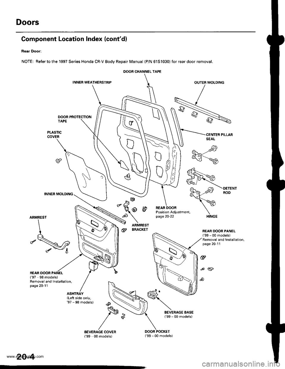 HONDA CR-V 2000 RD1-RD3 / 1.G Workshop Manual
Doors
Gomponent Location Index (contdl
Rear Door:
NOTE: Refertothe 1997 Series Honda CR-V Bodv RepairManual (P/N 6151030) for rear door removal.
INNER WEATHERSTRIPOUTER MOLOING
DOOR PROTECTION
ARMRE HONDA CR-V 2000 RD1-RD3 / 1.G Workshop Manual
Doors
Gomponent Location Index (contdl
Rear Door:
NOTE: Refertothe 1997 Series Honda CR-V Bodv RepairManual (P/N 6151030) for rear door removal.
INNER WEATHERSTRIPOUTER MOLOING
DOOR PROTECTION
ARMRE