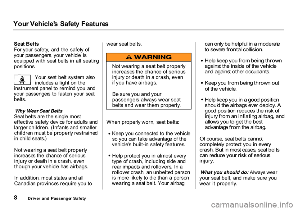 HONDA CR-V 2000 RD1-RD3 / 1.G User Guide 
You
r Vehicle s  Safet y Feature s
Sea t Belt s
Fo r you r  safety ,  an d  th e  safet y o f
you r  passengers ,  you r vehicl e  i s
equippe d wit h  sea t belt s i n  al l  seatin g

positions .
