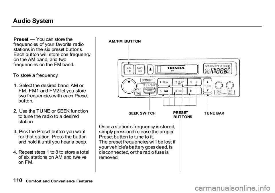 HONDA CR-V 2000 RD1-RD3 / 1.G Owners Manual Audi
o Syste m
Prese t — Yo u ca n stor e th e
frequencie s o f you r favorit e radi o
station s i n th e si x prese t buttons .
Eac h butto n wil l stor e on e frequenc y
o n th e A M band , HONDA CR-V 2000 RD1-RD3 / 1.G Owners Manual Audi
o Syste m
Prese t — Yo u ca n stor e th e
frequencie s o f you r favorit e radi o
station s i n th e si x prese t buttons .
Eac h butto n wil l stor e on e frequenc y
o n th e A M band ,