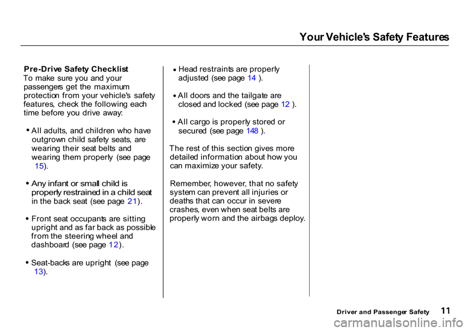 HONDA CR-V 2000 RD1-RD3 / 1.G Owners Manual You
r Vehicle s Safet y Feature s

Pre-Driv e Safet y Checklis t

T o  mak e  sur e yo u  an d you r
passenger s  ge t  th e  maximu m
protectio n fro m you r vehicle s  safet y
features ,  chec k t