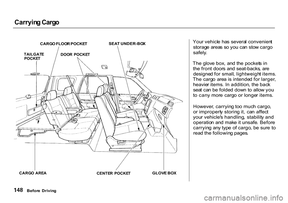 HONDA CR-V 2000 RD1-RD3 / 1.G Owners Manual Carryin
g Carg o
Your vehicl e ha s severa l convenien t
storag e area s s o yo u ca n sto w carg o
safely .
Th e glov e box , an d th e pocket s i n
th e fron t door s an d seat-backs , ar e
desi HONDA CR-V 2000 RD1-RD3 / 1.G Owners Manual Carryin
g Carg o
Your vehicl e ha s severa l convenien t
storag e area s s o yo u ca n sto w carg o
safely .
Th e glov e box , an d th e pocket s i n
th e fron t door s an d seat-backs , ar e
desi