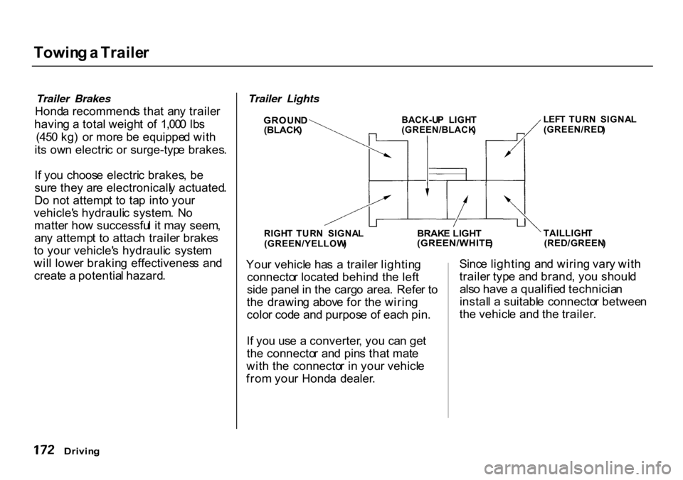 HONDA CR-V 2000 RD1-RD3 / 1.G Owners Manual Towin
g a  Traile r

Trailer Brakes

Hond a recommend s tha t  an y traile r
havin g a  tota l weigh t  o f  1,00 0 Ib s
(45 0 kg )  o r mor e b e equippe d wit h
it s ow n electri c o r surge-typ e b