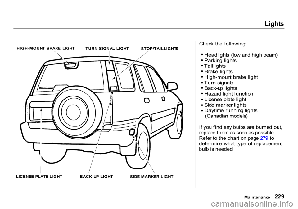 HONDA CR-V 2000 RD1-RD3 / 1.G Owners Manual Light
s
HIGH-MOUN T BRAK E LIGH T
TURN SIGNA L LIGH T
STOP/TAILLIGHT S
LICENS E PLAT E LIGH T
BACK-UP LIGH T
SIDE MARKE R LIGH T Chec
k th e following :
Headlight s (lo w an d HONDA CR-V 2000 RD1-RD3 / 1.G Owners Manual Light
s
HIGH-MOUN T BRAK E LIGH T
TURN SIGNA L LIGH T
STOP/TAILLIGHT S
LICENS E PLAT E LIGH T
BACK-UP LIGH T
SIDE MARKE R LIGH T Chec
k th e following :
Headlight s (lo w an d