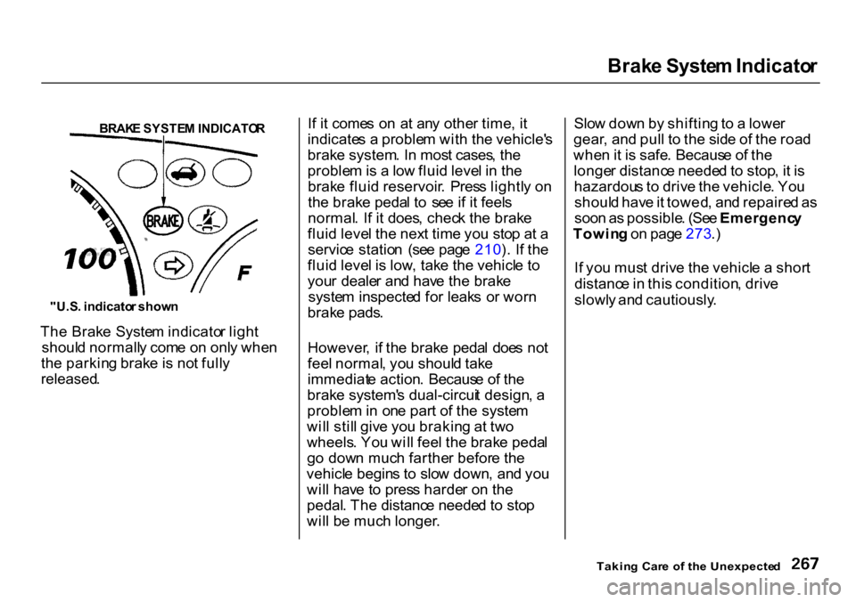 HONDA CR-V 2000 RD1-RD3 / 1.G Owners Manual Brak
e Syste m Indicato r

"U.S . indicato r show n
Th e Brak e Syste m indicato r ligh t
shoul d normall y com e o n onl y whe n
th e parkin g brak e is no t full y

released .
 I
f i t come s o n a 