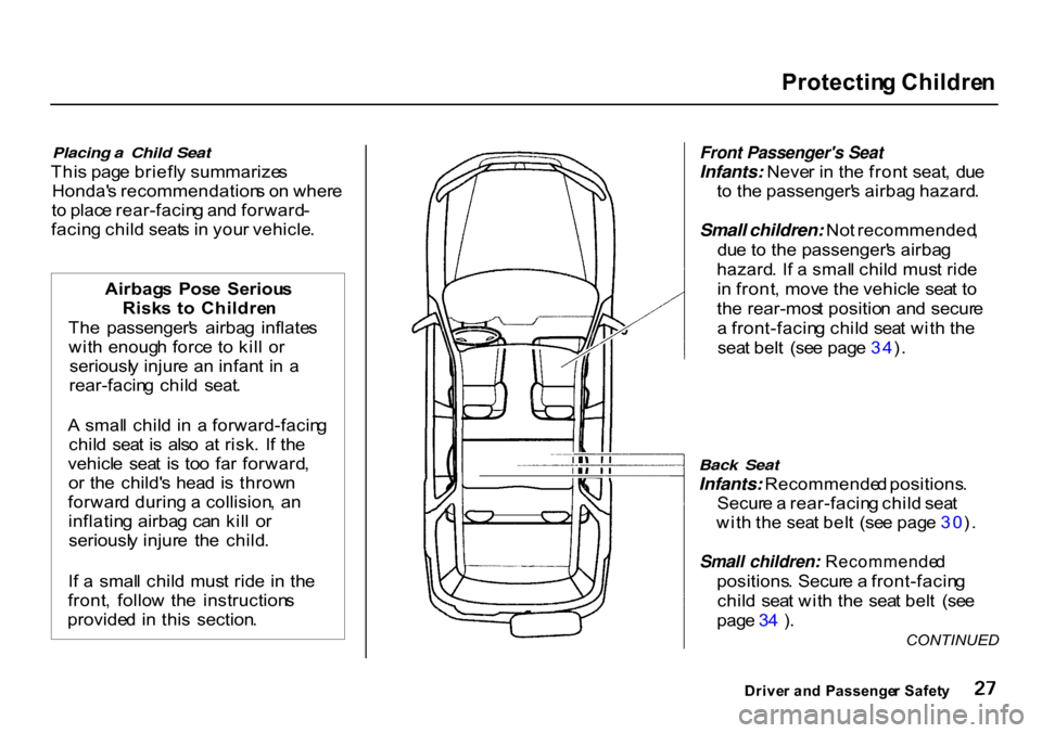 HONDA CR-V 2000 RD1-RD3 / 1.G Owners Guide Protectin
g Childre n

Placing a Child Seat

Thi s pag e briefl y summarize s
Honda s recommendation s o n wher e
t o  plac e rear-facin g an d forward -
facin g chil d seat s i n  you r vehicle .
 F