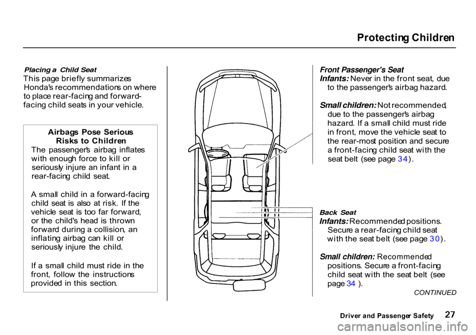 HONDA CR-V 2000 RD1-RD3 / 1.G Owners Manual Protectin
g Childre n
Placing a Child Seat
Thi s pag e briefl y summarize s
Honda s recommendation s o n wher e
t o plac e rear-facin g an d forward -
facin g chil d seat s i n you r vehicle .
F HONDA CR-V 2000 RD1-RD3 / 1.G Owners Manual Protectin
g Childre n
Placing a Child Seat
Thi s pag e briefl y summarize s
Honda s recommendation s o n wher e
t o plac e rear-facin g an d forward -
facin g chil d seat s i n you r vehicle .
F
