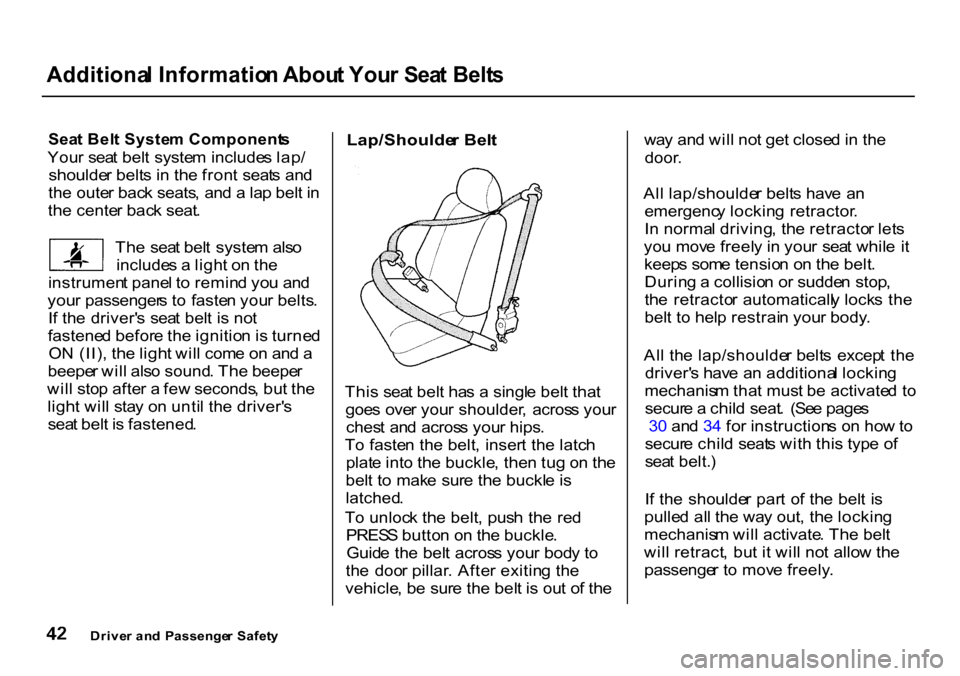 HONDA CR-V 2000 RD1-RD3 / 1.G Service Manual 
Additiona
l Informatio n Abou t You r Sea t Belt s

Sea t Bel t Syste m Component s

You r  sea t bel t syste m  include s lap /
shoulde r belt s i n  th e fron t  seat s an d
th e oute r bac k seats