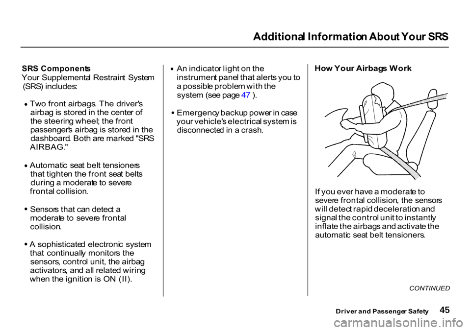 HONDA CR-V 2000 RD1-RD3 / 1.G Owners Manual Additiona
l Informatio n Abou t You r SR S

SR S Component s

You r Supplementa l Restrain t  Syste m
(SRS ) includes :Tw
o fron t airbags . Th e driver s
airba g is  store d in  th e cente r o f
th 