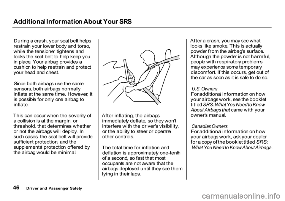 HONDA CR-V 2000 RD1-RD3 / 1.G Owners Manual Additiona
l Informatio n Abou t You r SR S
Durin g a crash , you r sea t bel t help s
restrai n you r lowe r bod y an d torso ,
whil e th e tensione r tighten s an d
lock s th e sea t bel t t o hel HONDA CR-V 2000 RD1-RD3 / 1.G Owners Manual Additiona
l Informatio n Abou t You r SR S
Durin g a crash , you r sea t bel t help s
restrai n you r lowe r bod y an d torso ,
whil e th e tensione r tighten s an d
lock s th e sea t bel t t o hel
