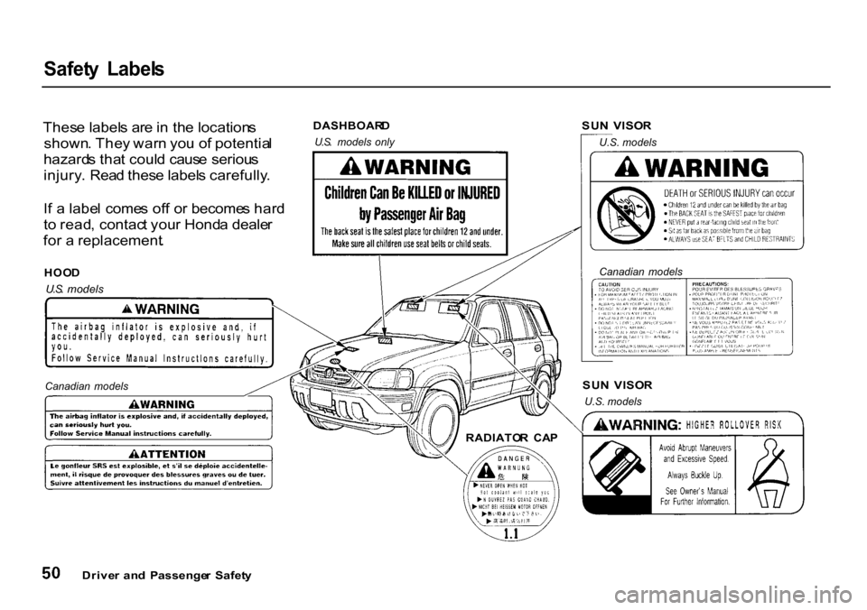 HONDA CR-V 2000 RD1-RD3 / 1.G Workshop Manual 
Safet
y  Label s

Thes e label s ar e in  th e location s
shown . The y war n yo u o f potentia l
hazard s tha t coul d caus e seriou s
injury . Rea d thes e label s carefully .
I f a  labe l come s 