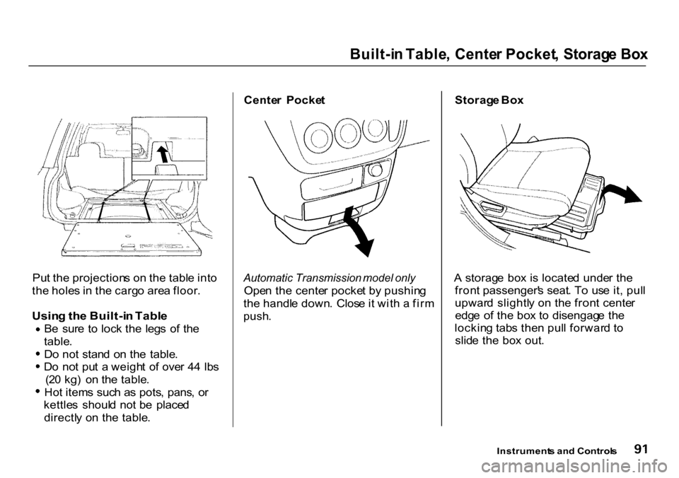 HONDA CR-V 2000 RD1-RD3 / 1.G Owners Manual 
Built-i
n Table , Cente r Pocket , Storag e Bo x

Pu t th e projection s o n th e tabl e int o
th e hole s i n  th e carg o are a floor .

Usin g th e Built-i n Tabl e
 B
e  sur e  t o loc k th e  le