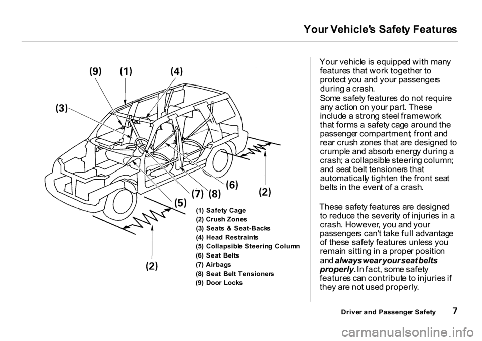 HONDA CR-V 2001 RD1-RD3 / 1.G User Guide You
r Vehicle s Safet y Feature s

(1 ) Safet y Cag e
(2 ) Crus h Zone s
(3 ) Seat s  &   Seat-Back s
(4 )  Hea d  Restraint s
(5 )  Collapsibl e Steerin g  Colum n
(6 ) Sea t  Belt s
(7 ) Airbag s
(