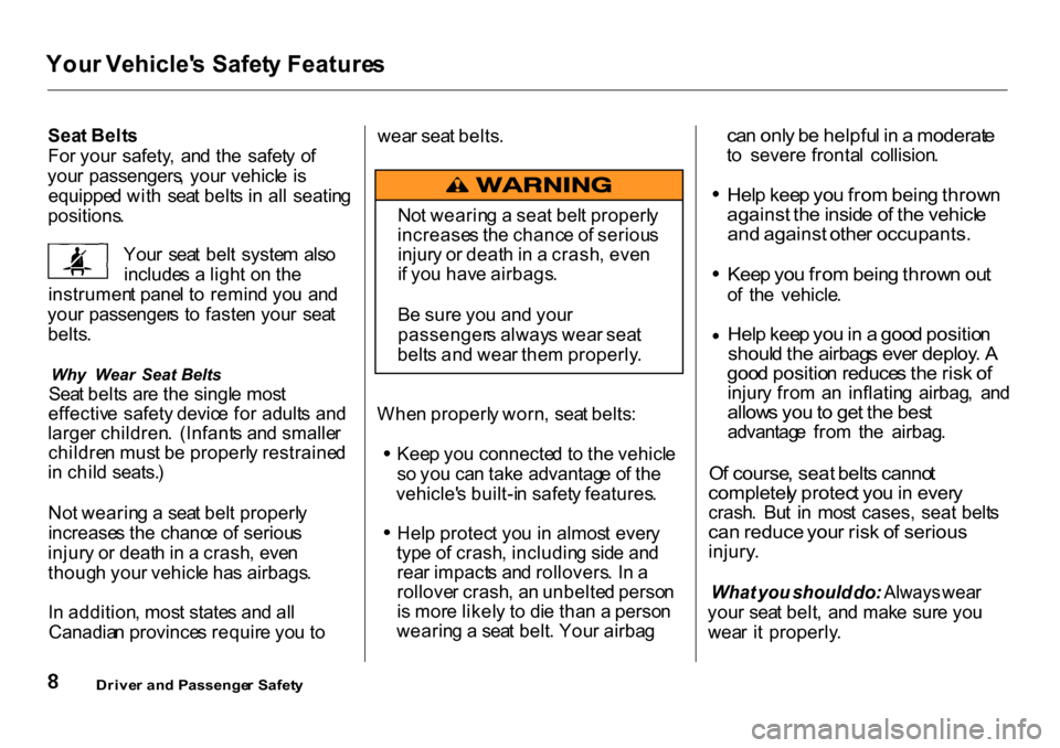 HONDA CR-V 2001 RD1-RD3 / 1.G Owners Manual You
r Vehicle s Safet y Feature s
Sea t Belt s
Fo r you r  safety ,  an d th e  safet y o f
you r  passengers , you r vehicl e  i s
equippe d wit h  sea t belt s i n  al l  seatin g
positions .
You r