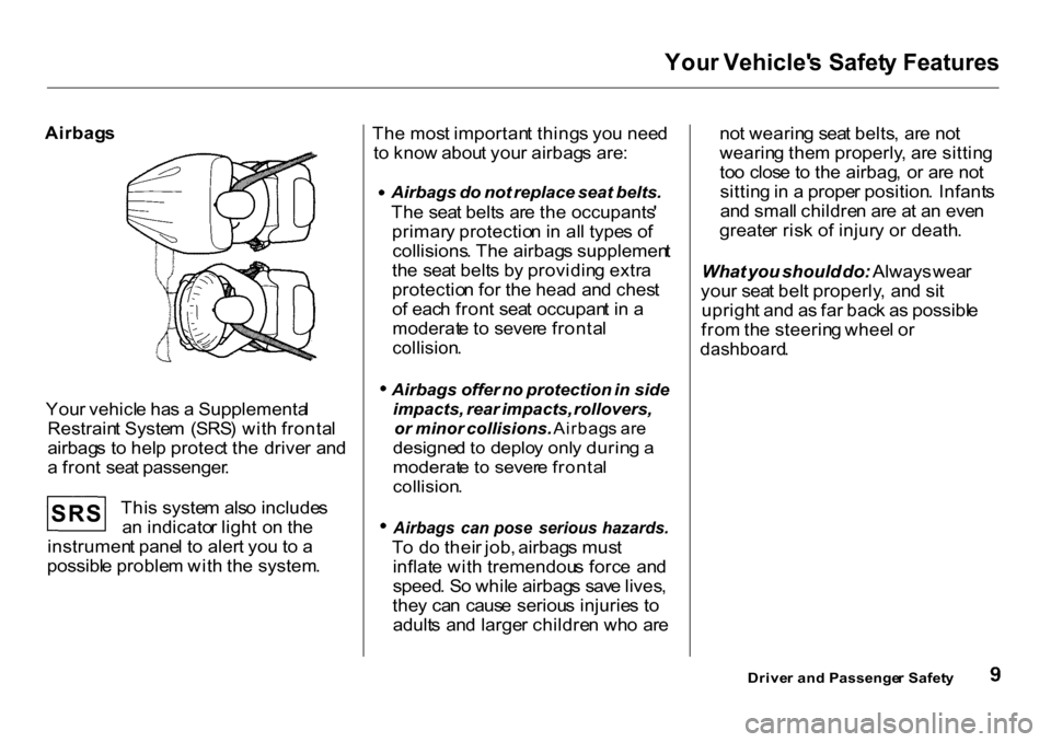 HONDA CR-V 2001 RD1-RD3 / 1.G User Guide You
r Vehicle s Safet y Features

Airbag s
You r vehicl e ha s a  Supplementa l
Restrain t Syste m  (SRS ) wit h fronta l
airbag s t o hel p protec t th e drive r an d
a  fron t  sea t passenger .
Th