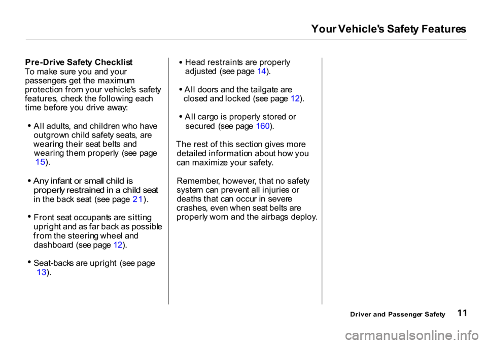 HONDA CR-V 2001 RD1-RD3 / 1.G Owners Manual 
You
r Vehicle s Safet y Feature s

Pre-Driv e Safet y Checklis t

T o mak e  sur e yo u  an d you r
passenger s ge t th e maximu m
protectio n fro m you r vehicle s  safet y
features ,  chec k th e