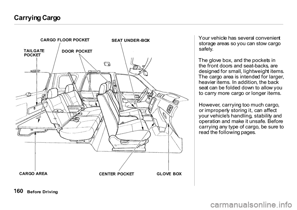 HONDA CR-V 2001 RD1-RD3 / 1.G Owners Manual Carryin
g Carg o

Your vehicl e ha s severa l convenien t
storag e area s s o yo u ca n sto w carg o

safely .

Th e glov e box , an d th e pocket s i n
th e fron t door s an d seat-backs , ar e
desig