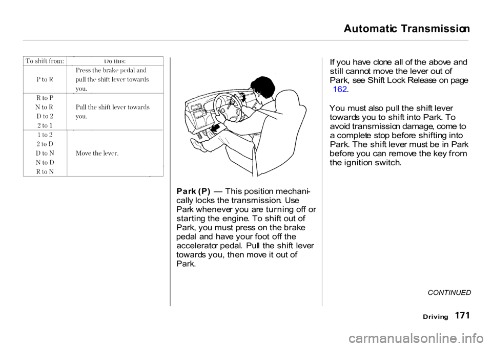 HONDA CR-V 2001 RD1-RD3 / 1.G Owners Manual 
Automati
c  Transmissio n

Par k (P )  —  Thi s positio n mechani -
call y lock s th e transmission .  Us e
Par k wheneve r yo u  ar e turnin g of f o r
startin g th e engine . T o shif t ou t o f
