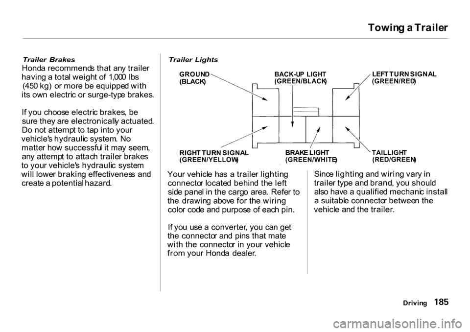 HONDA CR-V 2001 RD1-RD3 / 1.G Owners Manual 
Towin
g a  Traile r

Trailer   Brakes

Hond a recommend s tha t  an y traile r
havin g a  tota l weigh t o f  1,00 0 Ib s
(45 0 kg )  o r mor e b e equippe d wit h
it s ow n electri c o r surge-typ e
